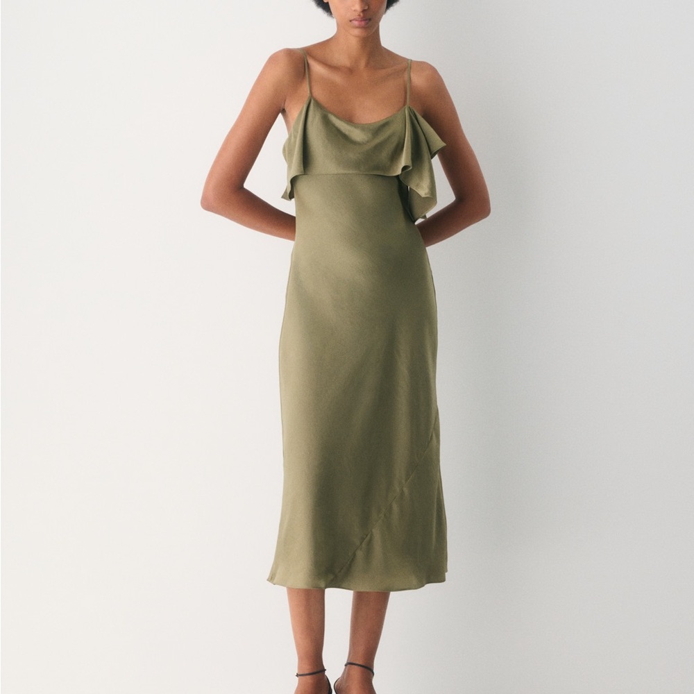 Wilfred canelle Olive Slip Midi Dress with Ruffle Detail